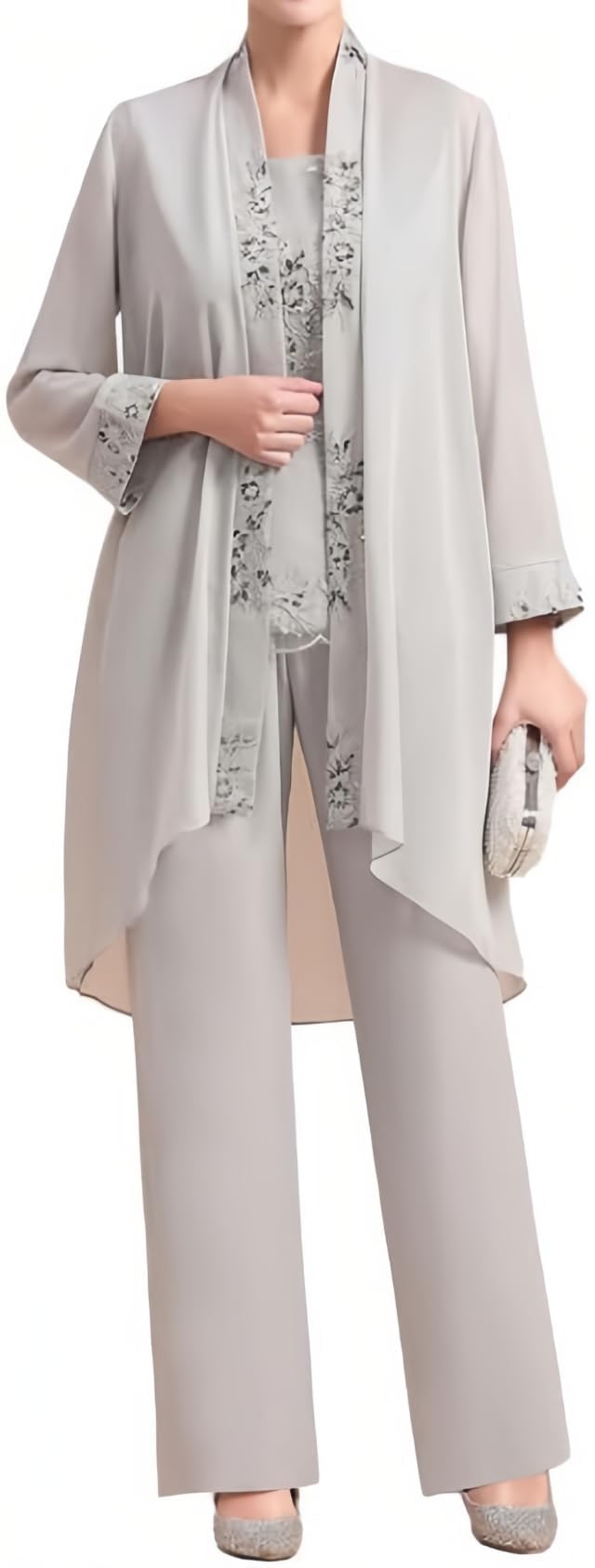 Damen 3 Teilig Hosenanzug für Hochzeit,Langarm Spitze Festlich Formelle Abendanzüge mit Bolero Chiffon Große Größen Hosenanzug