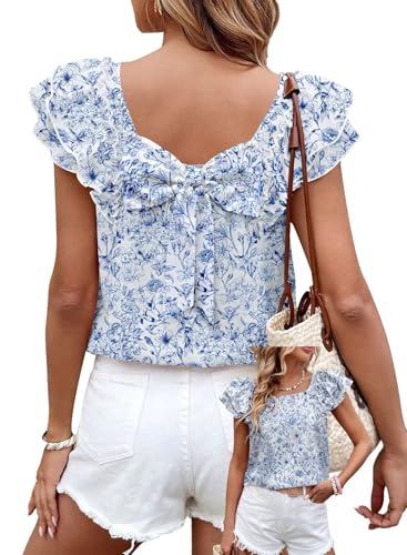 Image of Falechay Womens Bow Tie Back Tops Round Neck Ruffle Short Sleeve Shirts Cute Babydoll Chiffon Tee Women Summer Trendy Tunic