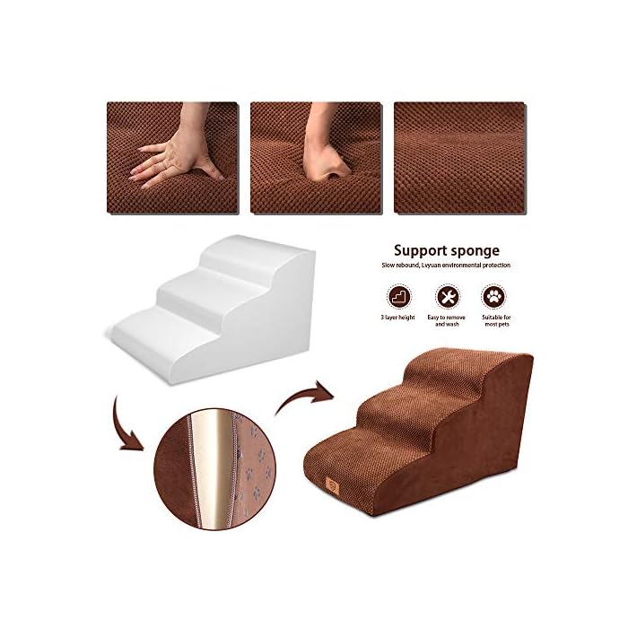 Pawchop Dog Steps for Bed, 3 Steps Pet Stairs with Non-Slip Washable Cover, 57x40x40cm High Density Foam Dog Ramp for Bed and Sofa, Stairs & Steps for Small Dogs and Cats - Brown - Image 5