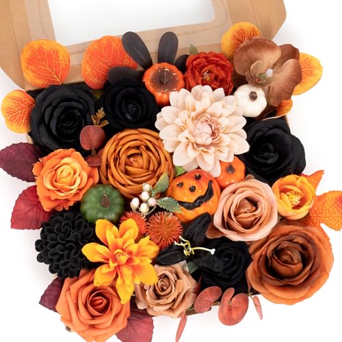 WEIERYUE Halloween Decor Artificial Flowers Black Roses with Pumpkins,...