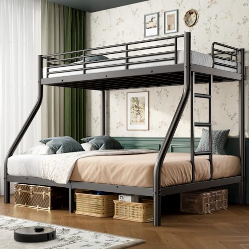 Cyranture Twin XL Over Queen Bunk Bed Size Heavy Duty Bunk Beds with Bottom Space & Guardrail Metal Bunk Bed Frame for Adults Dorm Bedroom Guest Room No Box Spring NeededUpgrate Black