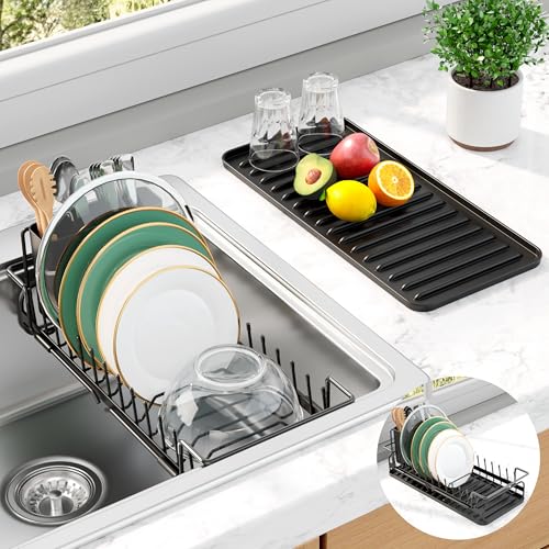 Kitsure Dish Drying Rack - Expandable Dish Rack for Kitchen Counter, Over Sink Or In Sink, 35.0-53.1cm L x16.0cm W x 20.3cm H, Black