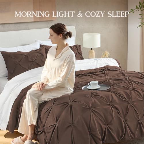 Image of Andency Queen Pinch Pleat Comforter Set (90 inchx90 inch),3 Piece Lightweight Pintuck Bedding Comforters & Sets, Fluffy Down Alternative Comforter with 2 Pillow Shams for All Season,Brown