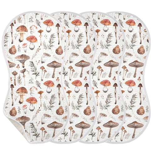 Image of Muslin Baby Burp Cloths Set of 4, Soft Absorbent Simple Wild Mushrooms Muslin Washcloths, Bibs, Face Towel for Newborn Boys Girls, 22 x 11 Inch
