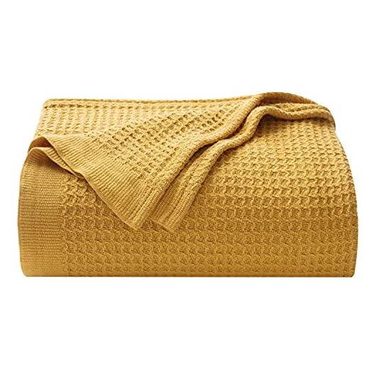 Manta Sofá Verano Algodón 100% - Plaid para Sofá Grande de Waffle 150x200 cm, Manta Multiuso para Cama 90 y Cubresofa, Mostaza