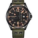 Stuhrling Original Mens Leather Watch -Aviation Watch, Quick-Set Day-Date Leather Band with Steel Rivets,
