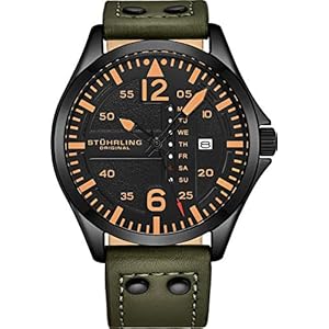 Stuhrling Original Mens Leather Watch -Aviation Watch, Quick-Set Day-Date Leather Band with Steel Rivets,