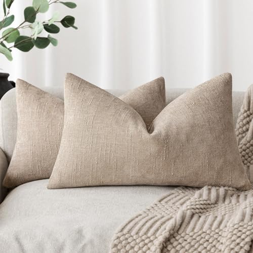 Image of Foindtower Set of 2 Textured Chenille Throw Decorative Pillow Covers Square Accent Solid Cushion Cover Neutral Farmhouse Lumbar Pillow Case for Couch Sofa Bedroom Living Room 12x20 Inch,Cream Camel