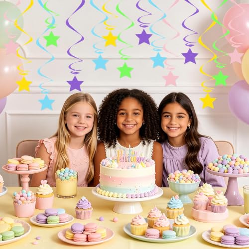 Image of BEISHID Pastel Stars Hanging Swirls Pre-Strung Stars Hanging Decorations for Wedding Baby Shower Gender Reveal Birthday Decorations Supplies,Pack of 15