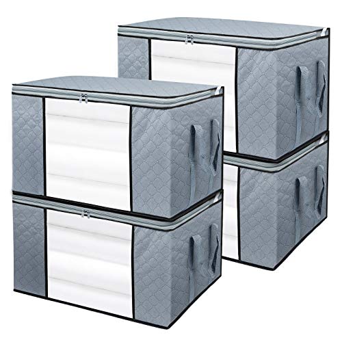 BoxLegend Bolsa de armazenamento de roupa organizador de grande capacidade com alça reforçada tecido grosso janela transparente grande para edredões, cobertores, roupa de cama, pacote de 4, 90 L
