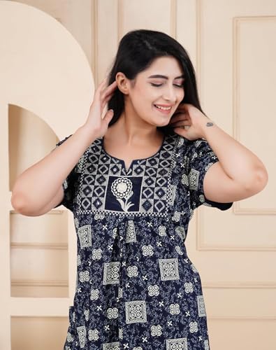 Image of DIAMO Pure Cotton Embroidery Nighty for Women, Night Gown for Woman, Cotton Nighty for Women, Maxi Night Gown Nighty with a Pocket and Adjustable Knot (Free Size)