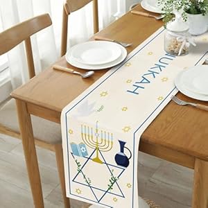 LeZakaa Hanukkah Table Runner, Kitchen Dining Linen Table Decoration with Happy Hanukkah Lettering and Candle Design for Indoor/Outdoor Home Party Decor - 13 x 72 Inch LeZakaa Hanukkah Table Runner Kitchen Dining Linen Table Decoration with Happy Hanukkah Lettering and Candle Design for IndoorOutdoor Home Party Decor 13 x 72 Inch