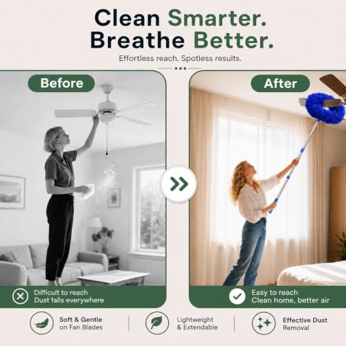 Image of Maxoshine Fan Cleaner Brush with Long Rod Flexible Fan Cleaning Mop Microfiber Dust Cleaner Foldable Duster Microfiber Duster for Cleaning of Home, Kitchen, Car (Dark-Blue)