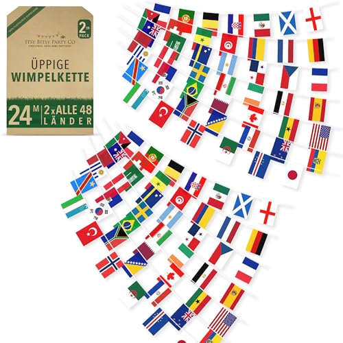 Premium Wiederverwendbare Fussball WM 2026 Fanartikel - Alle 48 Länderflaggen (x2) WM Deko 2026 Weltmeisterschaft Wimpelkette - Aus dem TV bekannt 100% Premium-Polyester (2er-Pack: 24m 96 Flaggen)