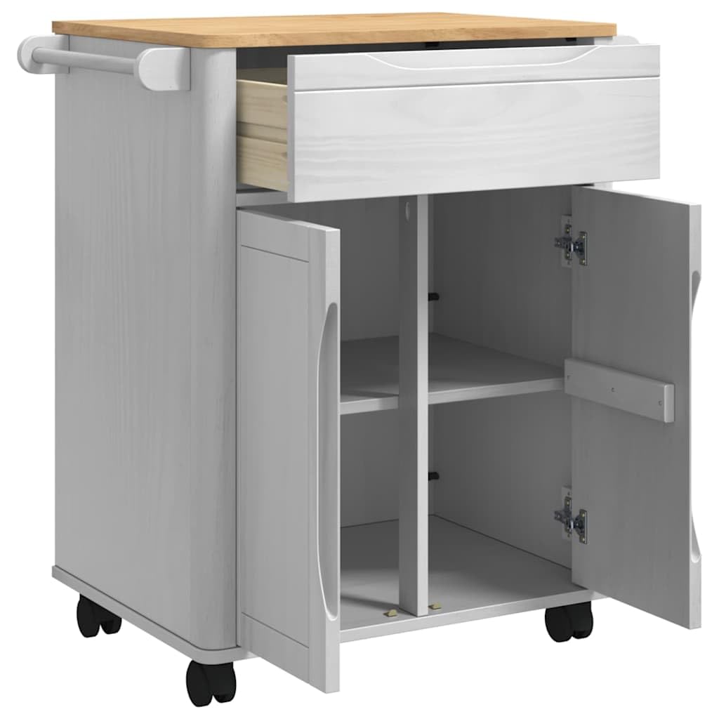 Küchentrolley Floro Weiß Massivholz Kiefer 72,5 x 45 x 80 cm mit Rollen und Schubladen, mobiler Küchenwagen für Aufbewahrung, Ablage und Organisation in Küche und Esszimmer