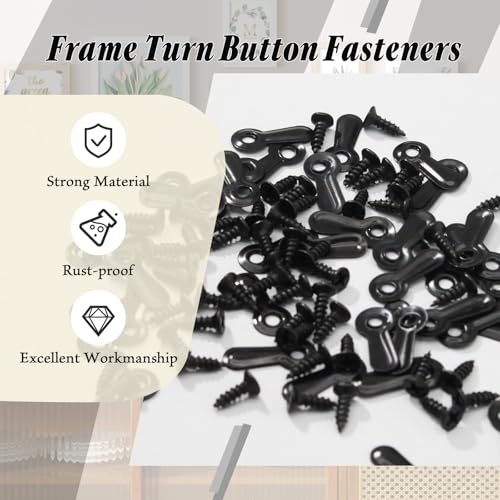 Image of Bonsicoky 100 Pack Metal Picture Frames Turn Button Fasteners with 100 Pieces Screws - Frame Picture Hardware Backing Clips for Hanging Pictures, Photos - Black