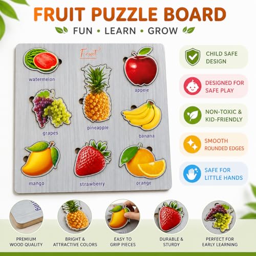 Image of Wooden Name Puzzle for Toddlers 2+ Years | Montessori Letter Matching & Name Recognition Learning Toy | Alphabet Educational Puzzle for Preschool Boys & Girls (Fruit)