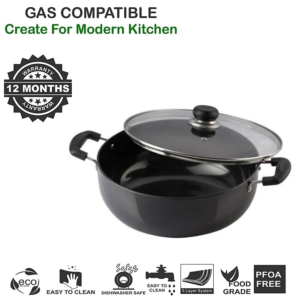 Mumma's LIFE Non-Stick Kadhai with Glass Lid (24 cm, Hammertone Finish, 3 Coat, 3mm Thickness), Aluminium (Black) 4