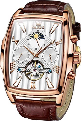 Image of OLEVS Mechanical Dress Mens Watches Square Brown Leather Strap Moon Phase Skeleton Tourbillion Day Date Waterproof Luminous Men's Wrist Watches