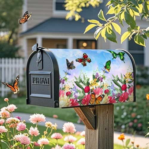 Image of Mailbox Covers Magnetic Standard Size 18 x 21 Inch Beautiful Flowers in Spring,Mailbox Wraps for Garden Yard Home Outdoor Decor (Butterfly & Flower)