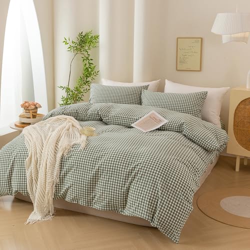 Image of ECOCOTT Green Gingham Duvet Cover King Size 100% Washed Cotton Like Linen Feel Super Soft & Comfy Bedding Set Modern Checkered Design for All Seasons