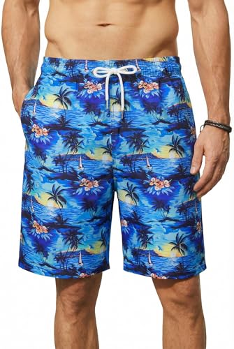 Enlision Shorts de Bain Homme Séchage Rapide Hawaïen Short de Plage Bermuda Été Léger Décontracté Bleu Palmier Fleuri Imprimé Maillot Piscine Surf Natation...