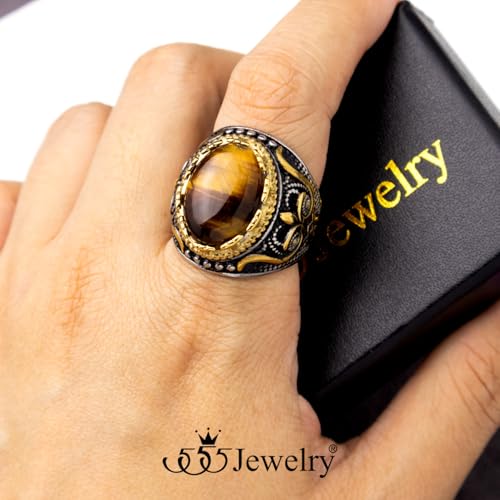 555Jewelry Solid Stainless Steel Gold Silver Rings for Men Turquoise Green Tiger Eye Ring Vintage Mens Rings Pinky Large Onyx Biker Signet Ring for Men US Size 8-132