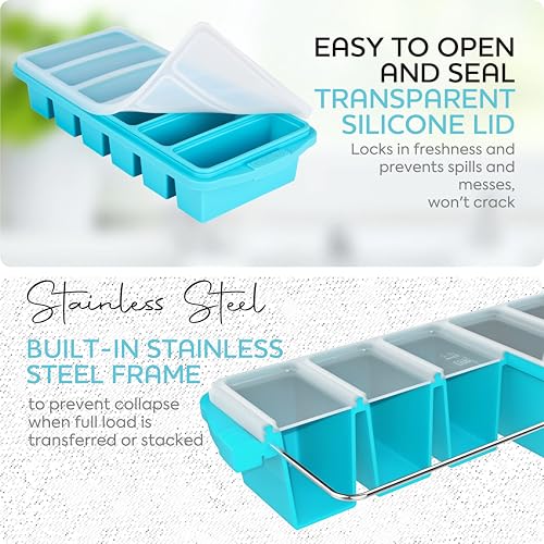 Image of 1 /2 Cup Silicone Freezer Tray With Lid - Silicone Freezer Molds 2-Pack For meal prep & freezing of various sauces and other dishes, makes 12 perfect 1 /2 cup portions cubes,oven and dishwasher safe