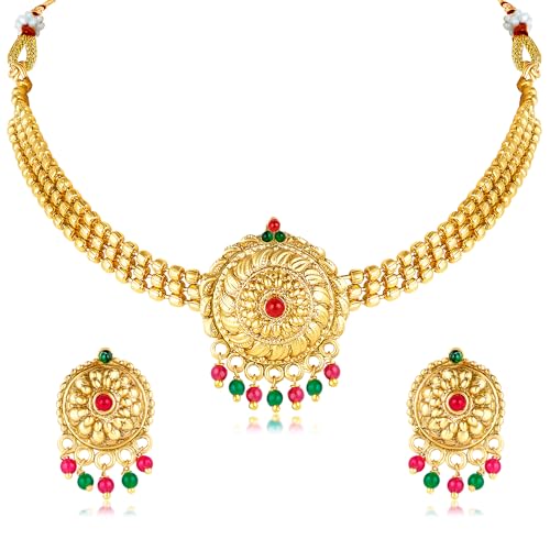 Image of Peora Gold Plated Rani Pink & Green Synthetic Stone Studded Choker Necklace & Dangle Earrings Traditional Jewellery Set for Women & Girls