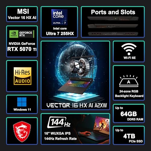 Image of msi Vector 16 HX AI Gaming Laptop 16 inch WUXGA IPS 144Hz Intel 20-core Ultra 7 255HX (>i9-14900HX) 32GB DDR5 1TB SSD GeForce RTX 5070 Ti RGB Backlit Thunderbolt5 Win11 ICP Hub PC