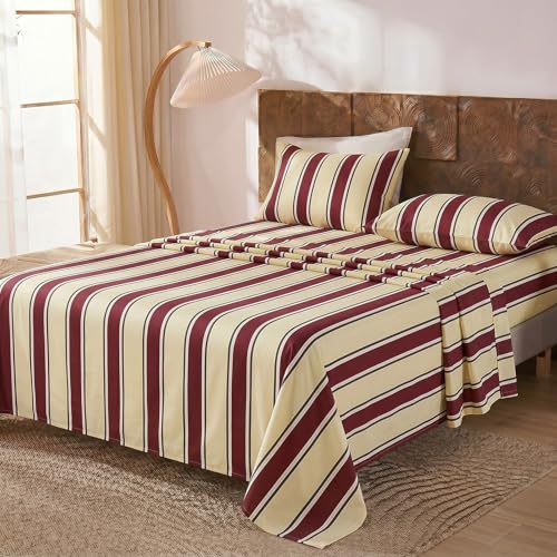 Image of Merryword 100% Cotton Sheet Set Queen Size - Burgundy & Cream Striped Bedding, Soft Breathable Percale Weave, Deep Pocket Fitted Sheet 17.5 inch, Luxury & Silky Soft Sheet Set for All Seasons