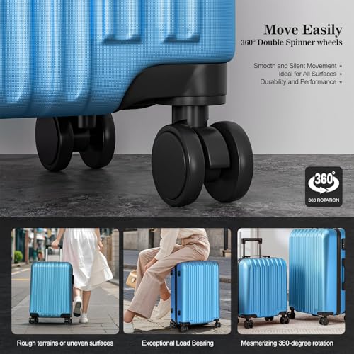Apelila 4 Piece Hardshell Luggage Sets,Travel Suitcase,Carry On Luggage with Spinner Wheels Free Cover&Hanger Inside4PC (Light Blue Wave)