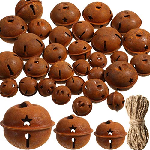 EXCEART 30 Pièces Cloches De Noël Vintage en Métal Patiné avec Corde De Suspension 10M Ornements Suspendus pour Arbre De Noël Décoration Festive Maison