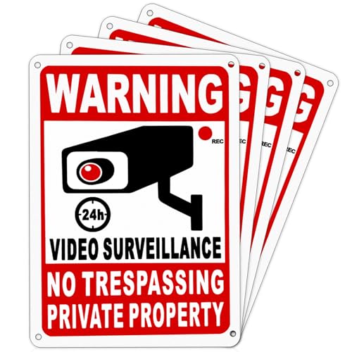 4 Pack Private Property No Trespassing Sign, Rustproof Aluminum 24-Hour Video Surveillance Signs With Reflective Film, 10x7 Inch Security Signs For Homes And Businesses