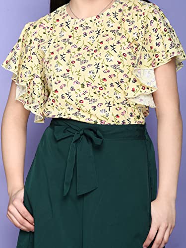 Image of LILPICKS Girls Floral Flutter Sleeve Top with Stylish Long Skirt Set (Yellow Teal Green)
