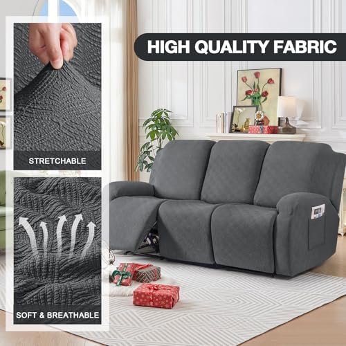 Image of Timeles Recliner Covers for 3 Seater Reclining Couch Covers Sofa Slipcover Furniture Protector for Dogs and Pets Stretch Soft Washable (Three-Seater, Charcoal Gray)