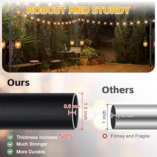String Light Poles for Outside, 10FT Heavy Duty Outdoor String Light Pole Stand with Shepherd Hooks for Wood Deck Concrete Patio Garden Backyard Wedding Party Bird Feeder Lanterns Flower Basket 1PC