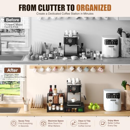 Image of Coffee Station Organizer with K Cup Holder, 28 Pod Capacity,3-Tier Syrup Rack with Coffee Pod Holder Drawer, Coffee Bar organizer Countertop for Accessories,Black