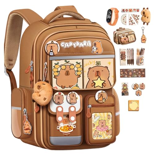 Mochila Capybara Lagre Capacity Kawaii com vários bolsos, impermeável, linda bolsa escolar com estojo de lápis e artigos de papelaria para crianças, meninas e adolescentes