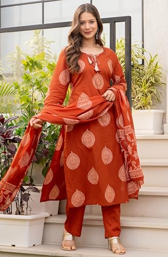 Image of rytras Women Woman Pure Cotton Straight Kurta Sets with Palazzos Pants & Dupatta|Kurti Set for Woman|Suit Set for Women Cotton