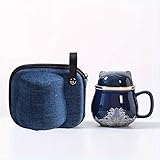 ETRAVEL Taza de cerámica para gatos con bolsa portátil (bolsa a juego azul)