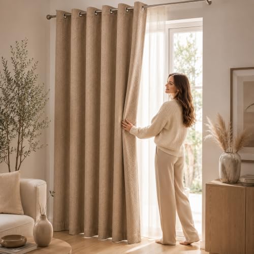 Image of LINENWALAS 100% Blackout Curtains for Window (5 Feet) - Set of 2 Panels, Herringbone Linen Texture Complete Light Block, Thermal Insulated & Noise Reducing Room Darkening Drapes (Mocha)