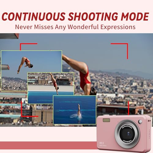 Image of Kids Digital Camera, 16X Zoom, FHD, Pink, Compact, Easy Shooting Modes, 1080p Video, 48MP, 2.4 inch LCD, USB, Tripod Mount, Includes Camera Kit