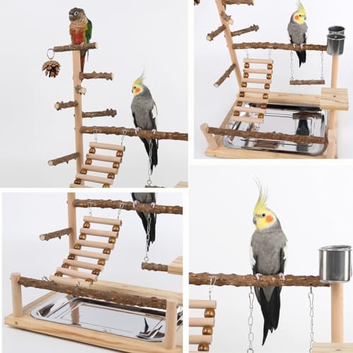 Image of Bird Playground, Parrot Perch Stand, Natural Wood Bird Play Stands for Cockatiel Wood Perch Gym Playpen Ladder with Removable Tray and 2 Stainless Steel Cups, Bird Cage Accessories, Parrot Swing