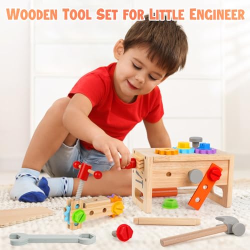 Kids Tool Set Construction Toys for 2 3 4 5 Year Old Boys Girls Toddler Tool Set Montessori Stem Toys for Kids 3-5 Wooden Toys Toddlers Tool Box Gifts for 3 4 5 Year Old Boys Girls - Image 3