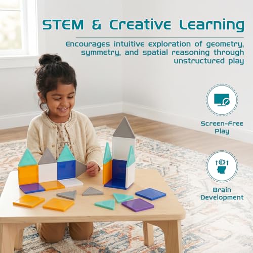 Image of Amazon Brand - Jam & Honey Magnetic Tiles Building Blocks for Kids 3+ Years - 28 pcs | STEM Learning Educational Toy | Creative & Constructive Play | Brain Development Toy | Pro Solid Opaque Set | Multicolour