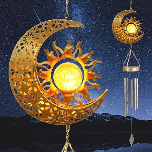 YAKii Sun Moon Solar Wind Chimes for Outside Lights Prefert Gifts for Mom Wife Unique Crackle Glass LED Warm Light Outdoor Hanging Decor Windchimes for Garden Yard Patio Christmas Birthday Mothers Day