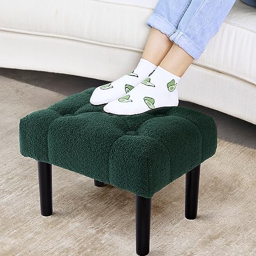 Image of HOUCHICS Fur Padded Foot Stool, Small Ottoman Rest with Wooden Legs, Modern Rectangle Chair Rest for Living Room, Couch, Desk (Green)