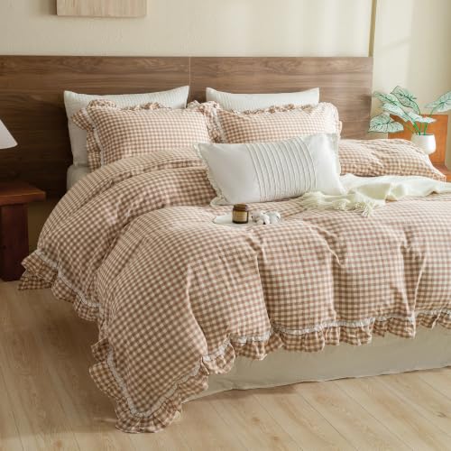 Image of QSH 3PCs Washed Cotton Tan Gingham Lace Ruffle Duvet Cover Set Queen Size Khaki Plaid Shabby Vintage Boho Chic Bedding Quilt Cover Farmhouse Ultra Soft Comforter Cover Set Queen with Pillow Shams