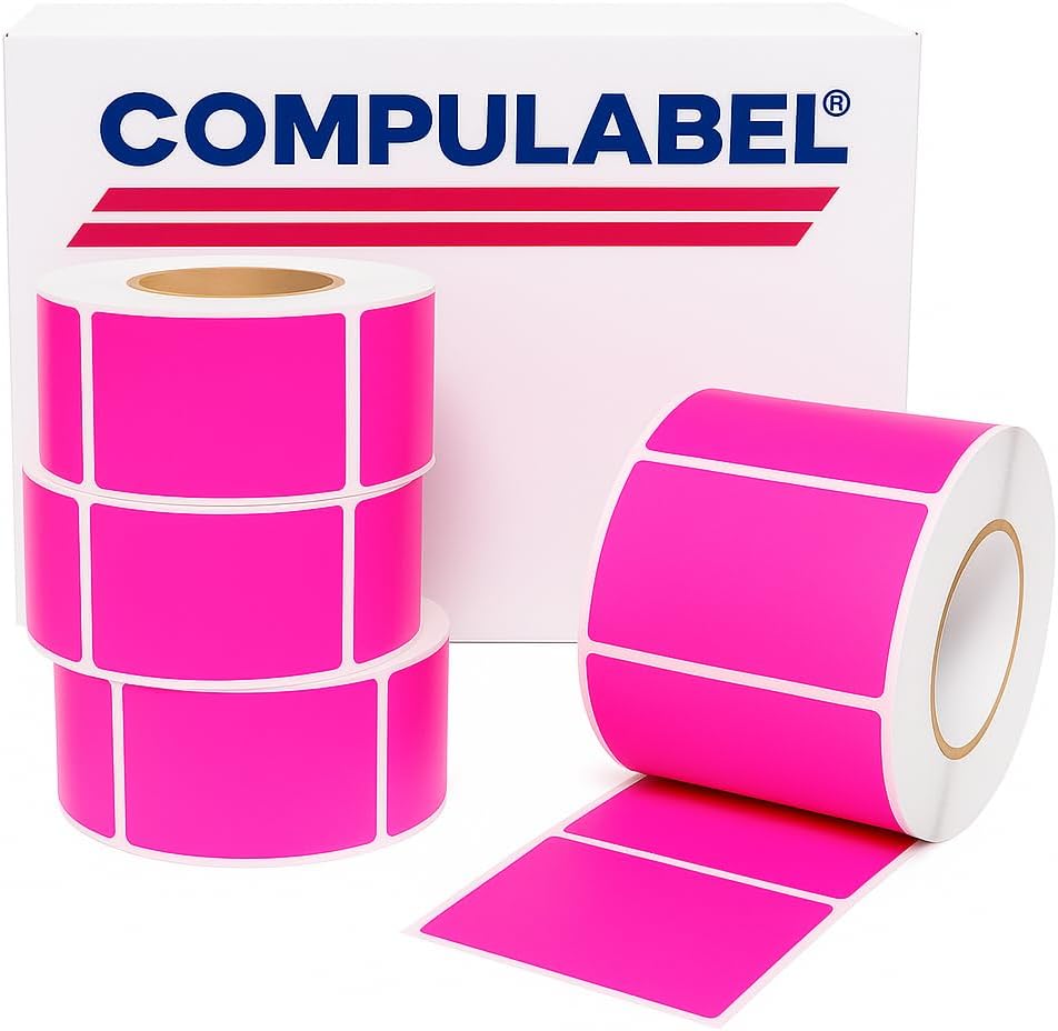 Compulabel Direct Thermal Labels, 4"x6", 1000 Labels Per Roll, Pack of 4, Pink, Fluorescent, 3" Core (520284)